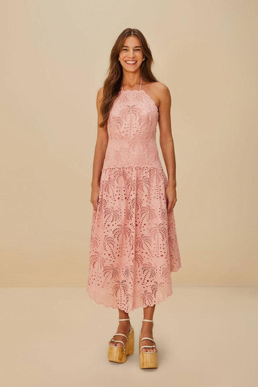 Palm Tree Eyelet Blush Pink Midi Dress Sleeveless-Dresses-Farm Rio-Debs Boutique